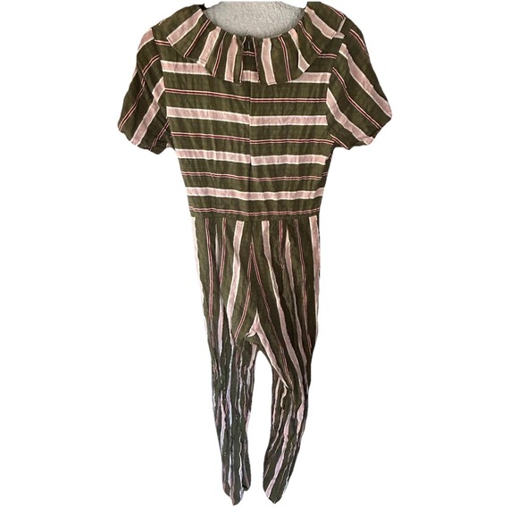 Polagram Striped Jumpsuit Ruffle V Neck Pink Green Size L Casual Boho Feminine - Picture 3 of 5